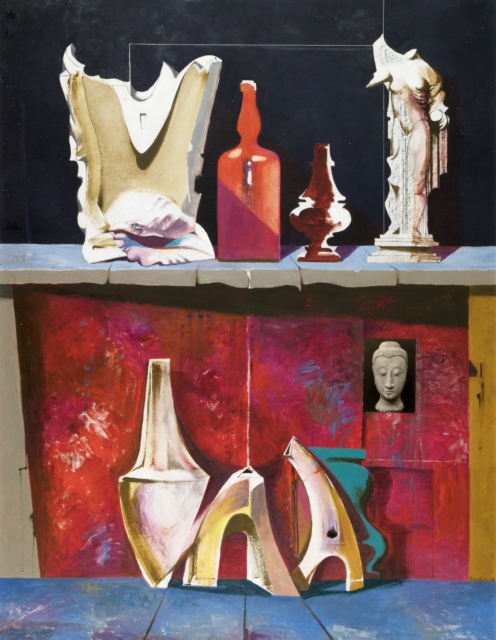 Karl Kunz, Stillleben mit roter Flasche, 1960, Öl mit Collage auf Hartfaser, 130 x 100 cm