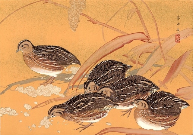 Rakusan Tsuchiya, Wachteln und Reis, 1931, Farbholzschnitt