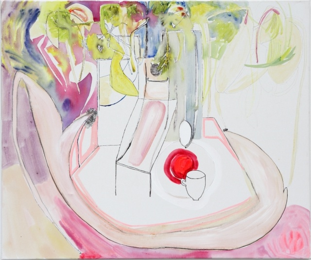 Sophie Schmidt, Atelierinterieur mit Bauchigung in Maastricht 3, 2017, Aquarell, Tinte und Ei auf Leinwand, 100 x 120 cm