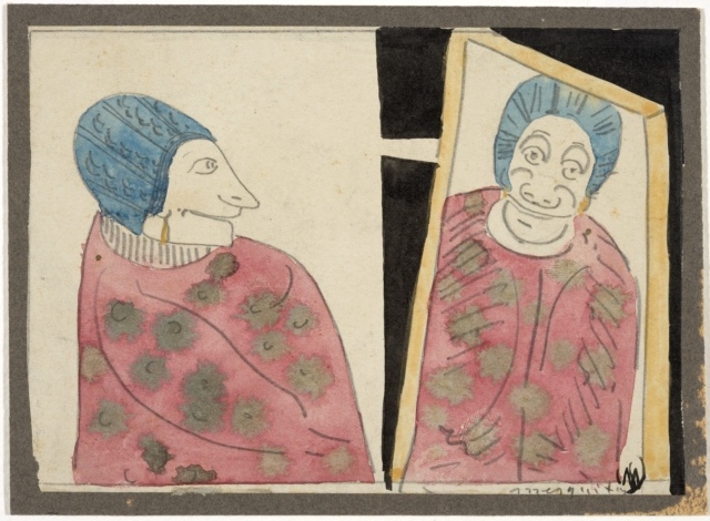 Samuel Jessurun de Mesquita, Ohne Titel (Fantasie, Frau und Spiegelbild), um 1905, Bleistift, Aquarellfarbe und Feder in schwarzer Tusche, 104 x 145 mm,