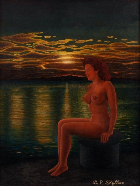Drossos Skyllas, Ohne Titel (Nude on Pier), um 1960, Öl auf Leinwand, 61 x 46 cm,