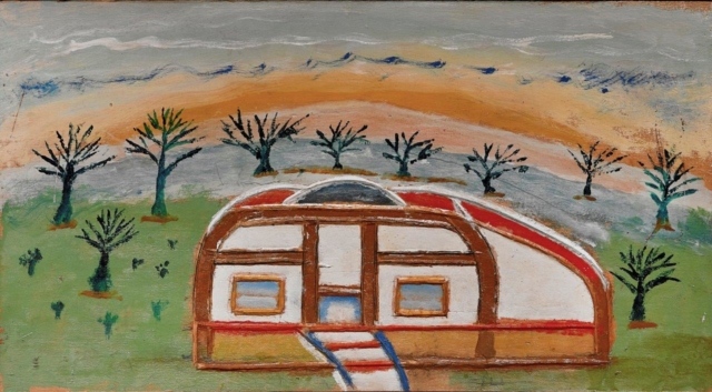 William Dawson, Barrelhouse, 1981, Acryl auf geschnitztem Ahorn, 25 x 46 x 2 cm,