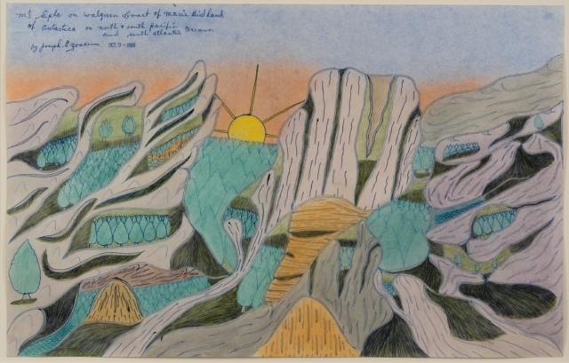 Joseph Yoakum, Mr. Seple on Walgreen Coast of Marie Birdland, 1969, Bleistift, Buntstift und Tusche auf Papier, ca. 30 x 48 cm,