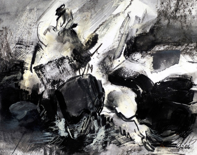 Anja Güthoff, Auf dem Felsen, 2006, Mischtechnik auf Papier, 12 x 14 cm,