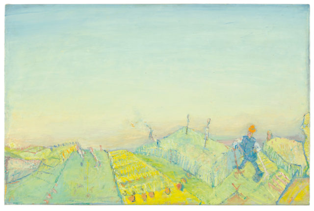 Rudi Tröger, Ohne Titel (Spaziergänger, hell), 1972, Tempera auf Leinwand, 33 x 49 cm,