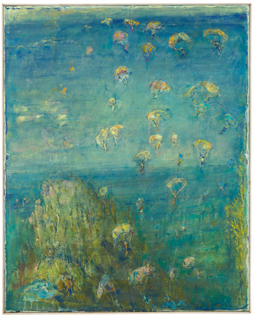Rudi Tröger, Ohne Titel (Fallschirmspringer am Tegernsee), 2000, Tempera auf Leinwand, 92 x 74 cm,