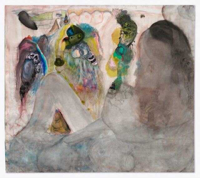 Jorge Queiroz, Problems and wonders of diverse colours and extraordinary forms, 2024, Aquarell, Bleistift, Buntstift, Vinyl Gouache und Ölpastell auf Papier, 143 x 159 cm,